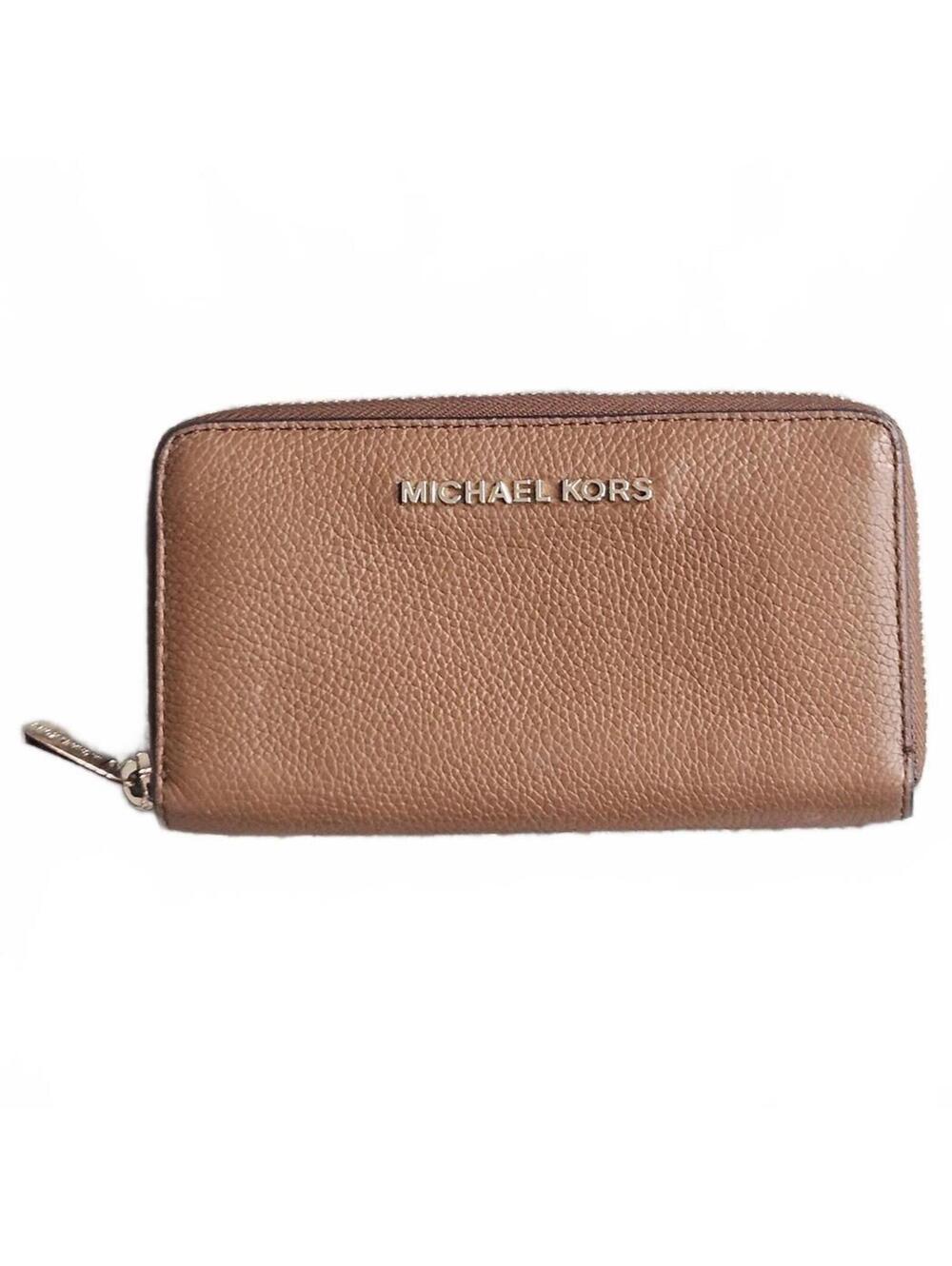 Michael Kors Brown Pebbled Leather Zip Around Wallet Gold Logo